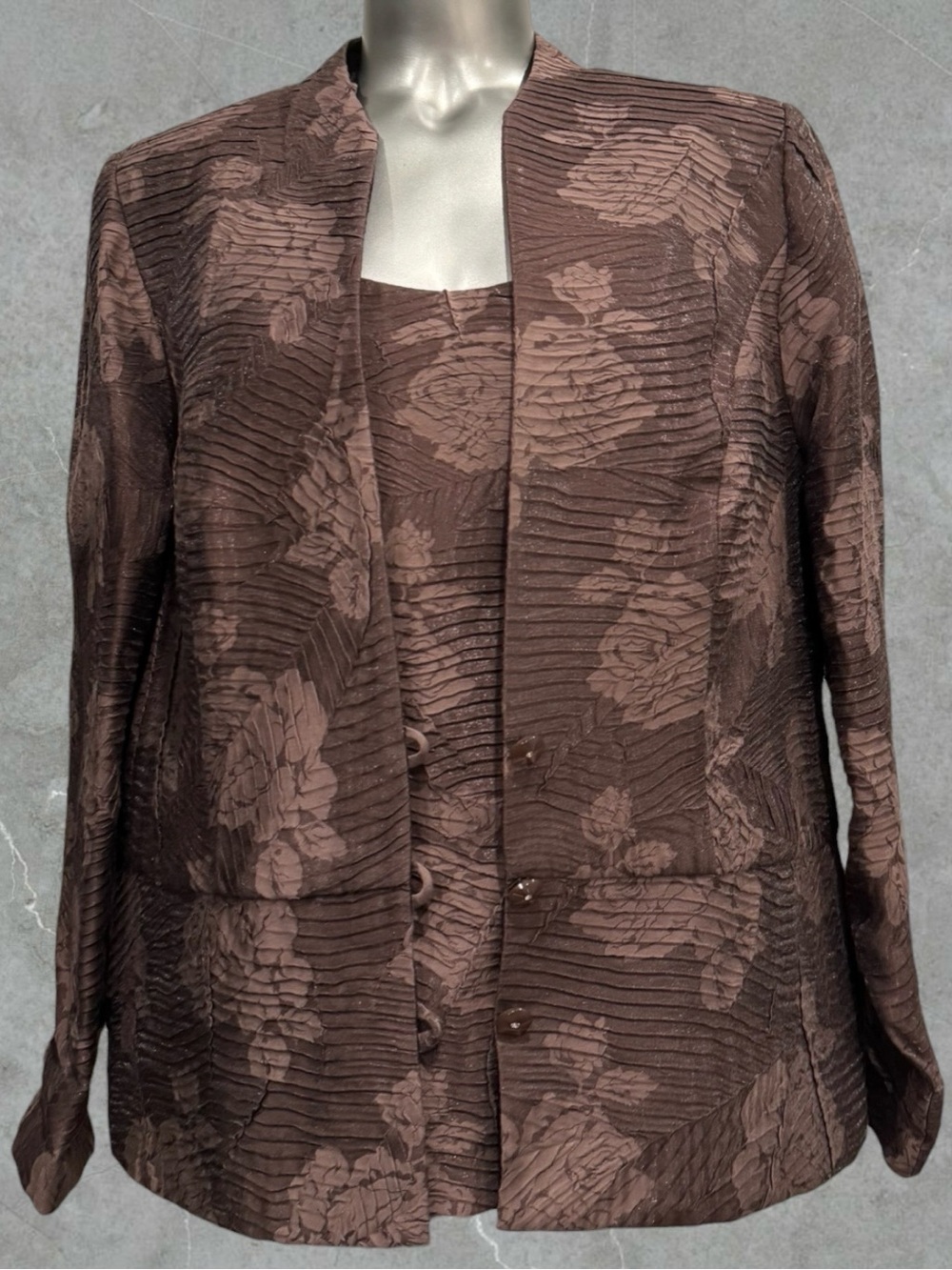 Women's Vintage Brown Floral Textured Blazer Jacket & Top Set